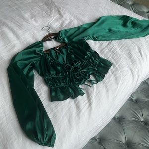 Green tie up silk top
